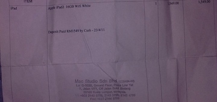 iPad 2 booking receipt Mac Studio Malaysia