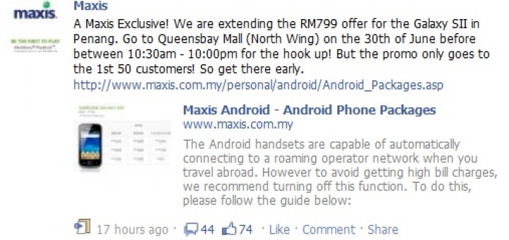 Maxis Samsung Galaxy S II RM799 promotion in Penang