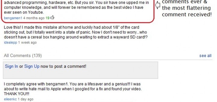 Best YouTube Comment Ever for solving the SD Card stuck in iMac CD Slot